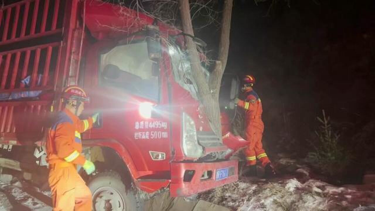 惊险!定西安定夜间道路结冰车辆失控撞树1人被困,消防成功救援.