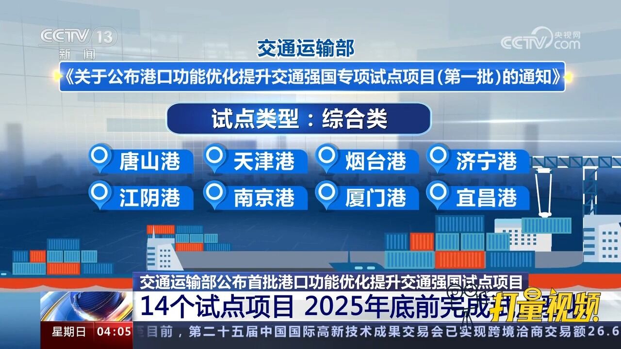 14个港口功能优化提升交通强国试点项目,2025年底前完成试点验收