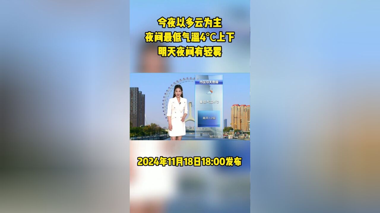 今夜以多云为主,夜间最低气温4℃上下,明天夜间有轻雾