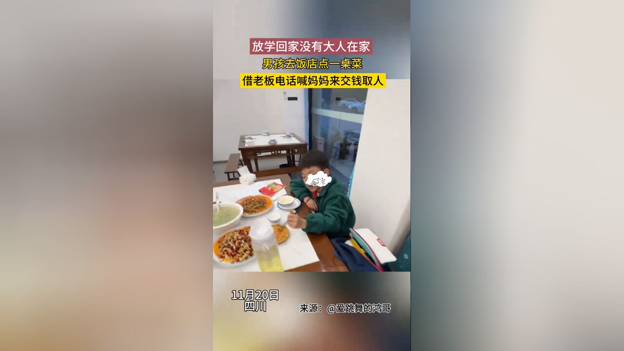 男孩放学回家后家里没人,去饭店点一桌菜给妈妈打电话来交钱取人