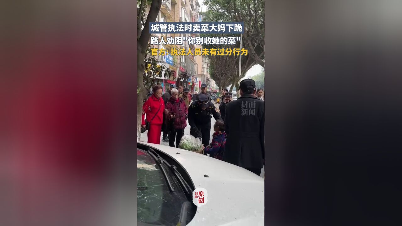 乐山一城管执法时卖菜大妈下跪,路人劝阻“你别收她的菜”,官方执法人员无过分行为