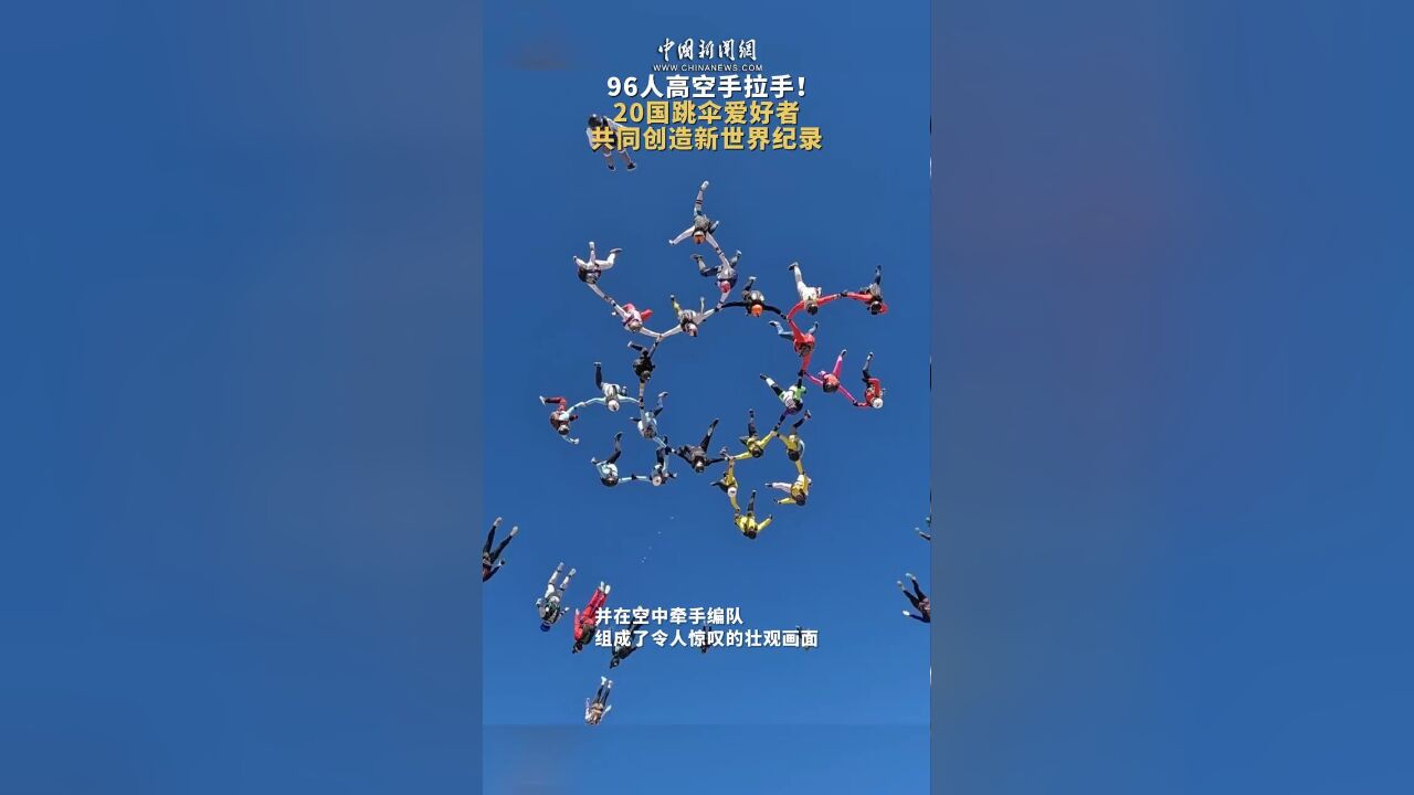 96人高空手拉手!20国跳伞爱好者,共同创造新世界纪录