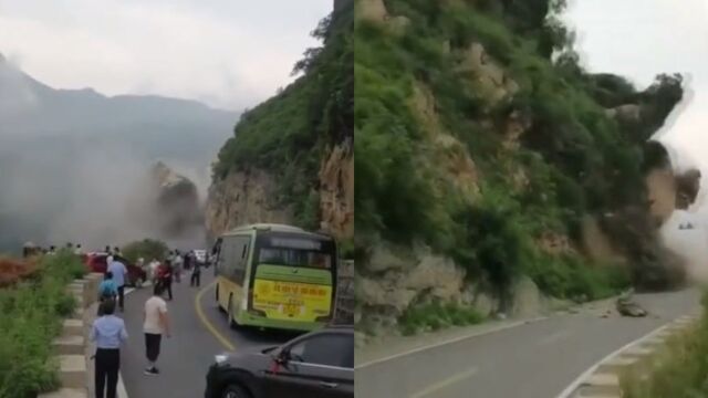 北京房山区路段山体塌方 巨石泥土倾泻而下灰尘滚滚