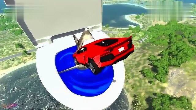 BeamNG:兰博基尼飞跃冲向超大蓝色漩涡马桶,逼真车祸模拟游戏!