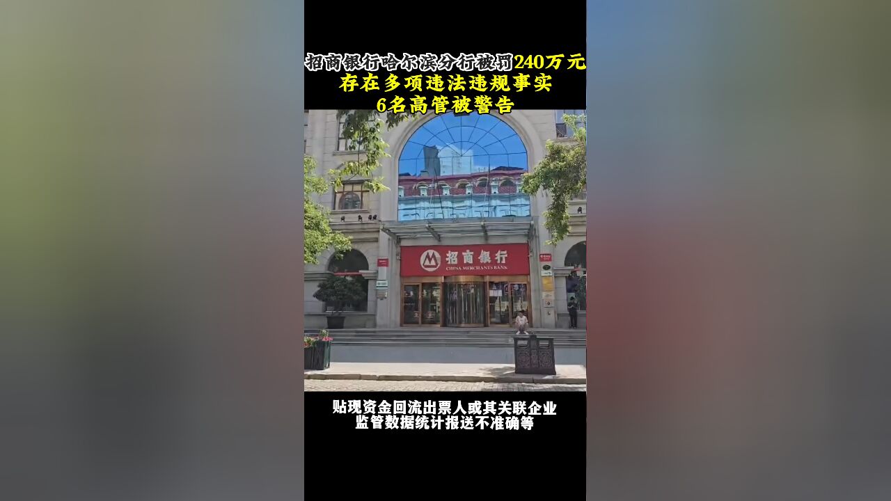 招商银行哈尔滨分行被开240万元罚单:存在多项违法违规 6名高管被警告