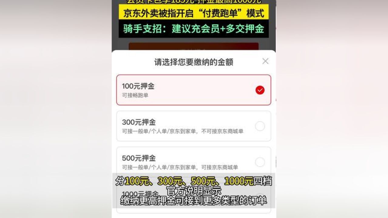 京东外卖宣布上线,并启动向社会招募外卖员,在网络上引发关注,记者体验京东外卖骑士App发现,接单前最多需交1000元押金,充值会员可领购物券