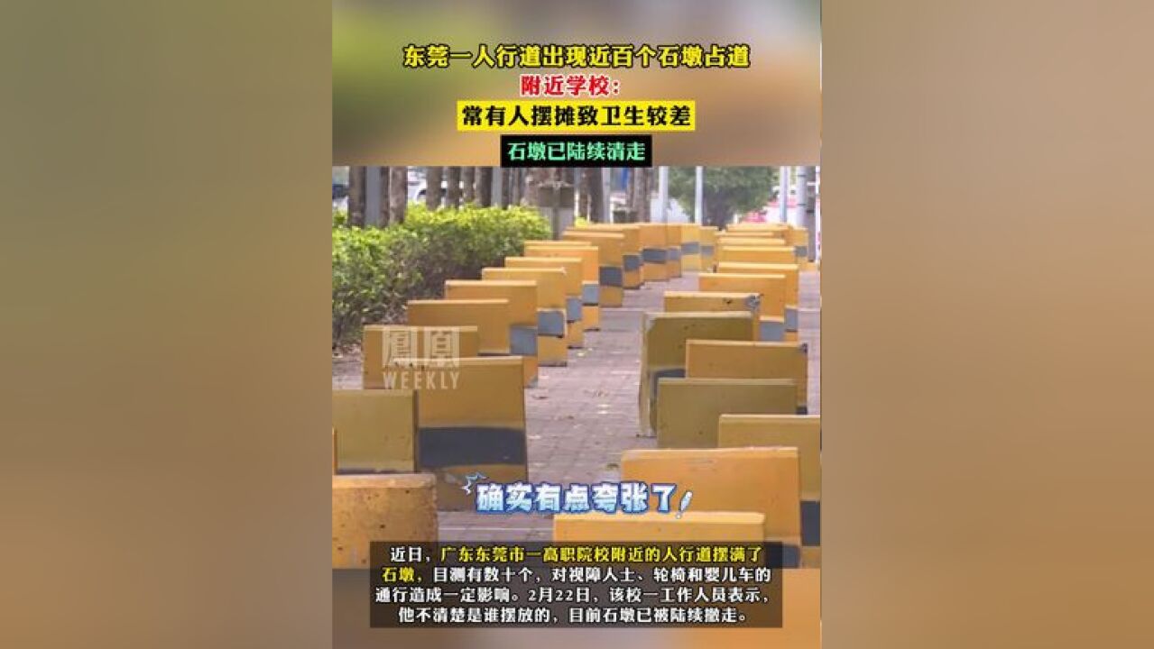 东莞一人行道出现近百个石墩占道 附近学校:常有人摆摊致卫生较差,石墩已陆续清走