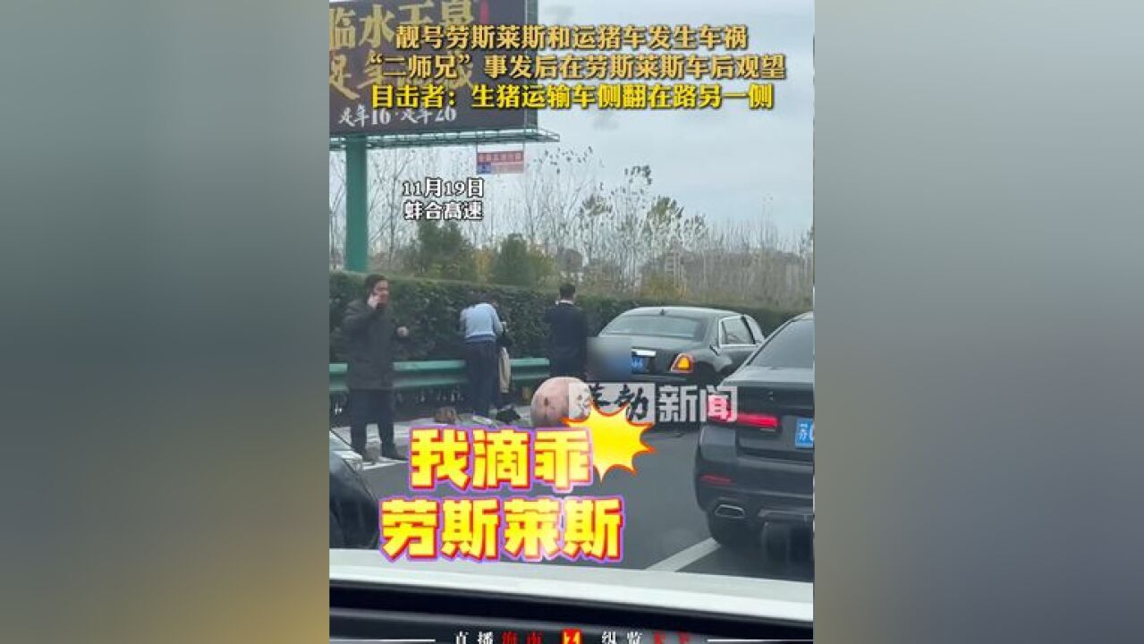 靓号劳斯莱斯和运猪车发生车祸,“二师兄”事发后在劳斯莱斯车后观望,目击者:生猪运输车侧翻在路另一侧