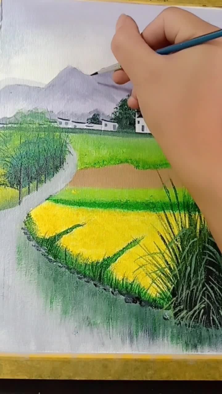 丙烯画一副农村景色有山有水