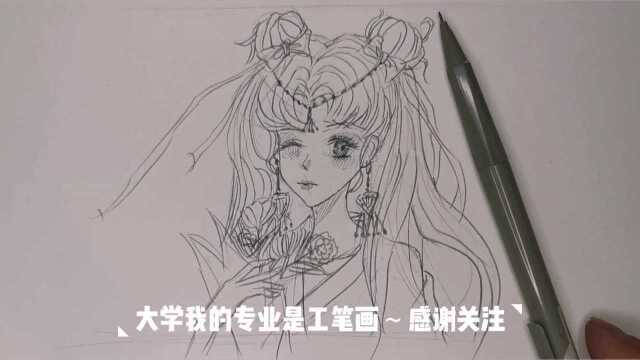 捧花偏古风女孩,自动铅笔画“高点”颜色