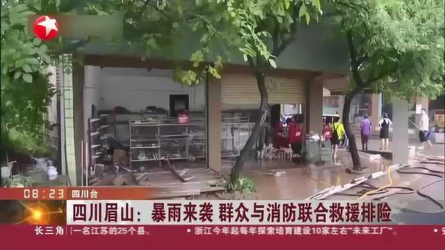 四川眉山:暴雨来袭 群众与消防联合救援排险