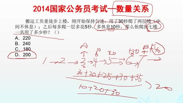 2014国考行测真题,数量关系,问爬到七楼一共用了多少秒