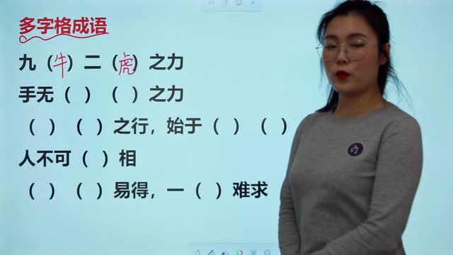 多字格成语填空:九()二()之力,手无()之力,人不可()相