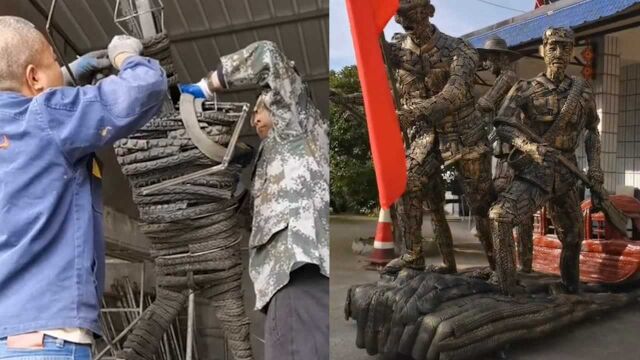 绵阳三兄弟用废旧轮胎制作红军雕塑,庆祝党百岁生日,获一致赞美