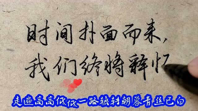 硬笔行书,经典语录,手写:时间扑面而来,我们终将释怀.健康的活着,平静的过着开心的笑着,适当的忙着,就很好