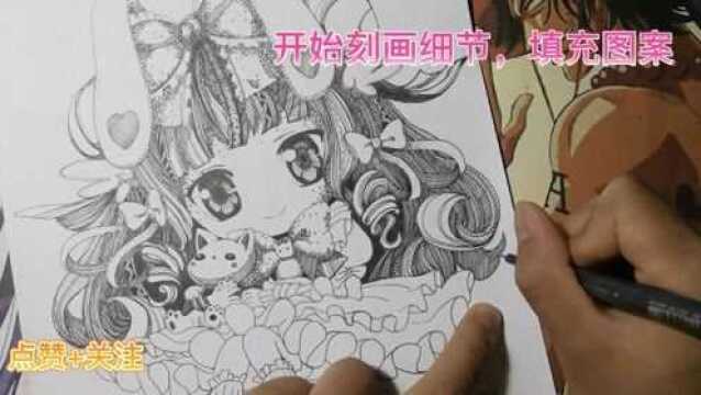 线描画,可爱的兔兔女孩,长得像蔡文姬