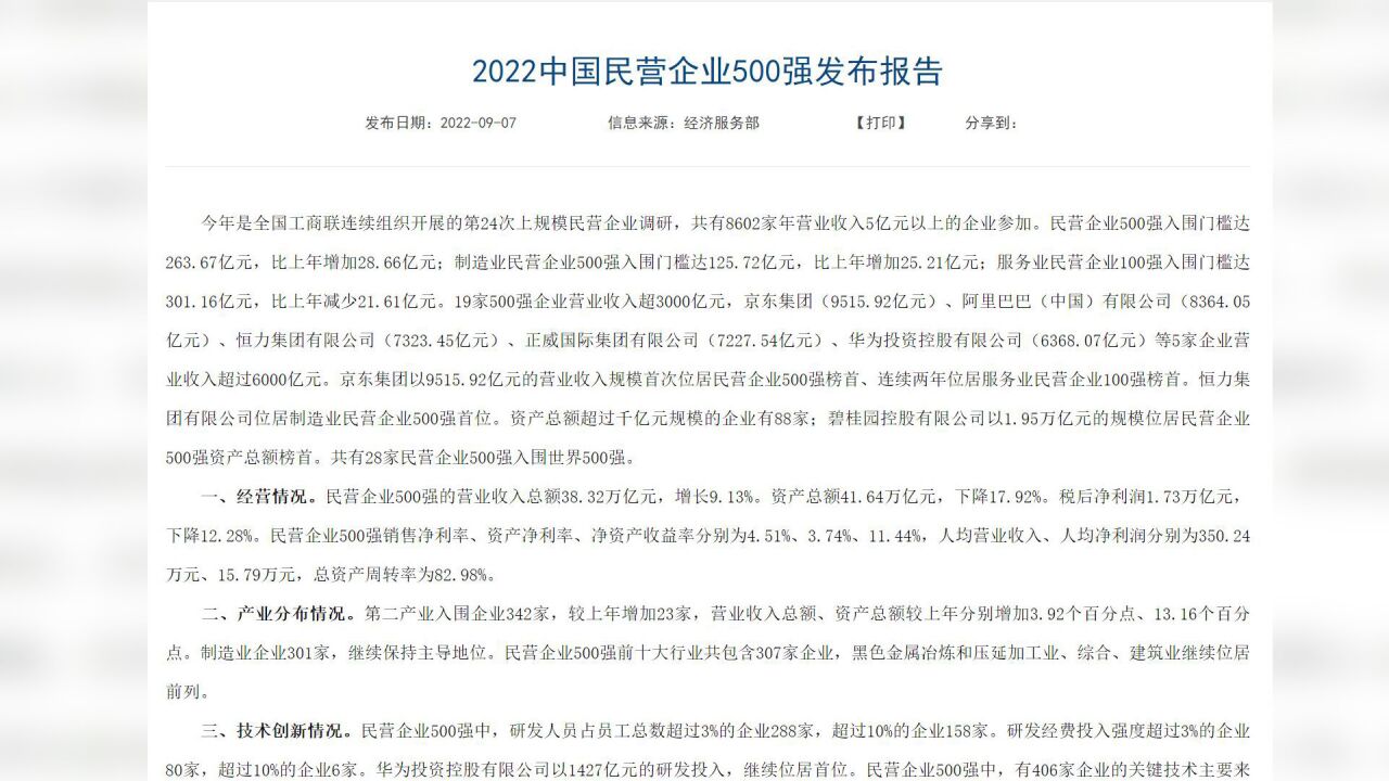 2022中国民营企业500强榜单发布 前10名有5家与互联网计算机相关