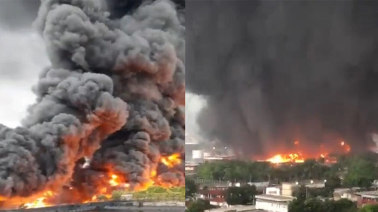 委内瑞拉一炼油厂遭雷击爆炸,厂区燃起熊熊烈火,市民沿街逃跑