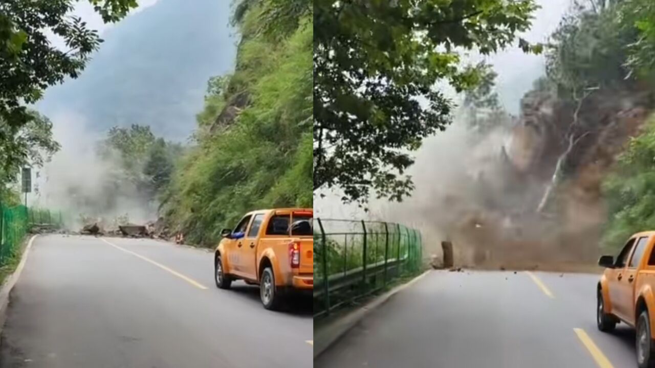 成都崇州发生山体滑坡,瞬间淹没道路抢险车紧急后退,现场曝光