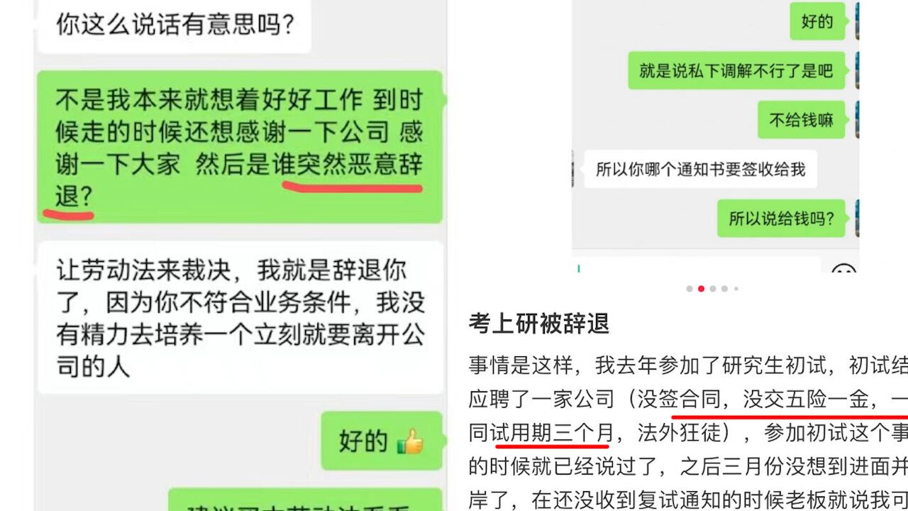 网友称考研上岸被公司辞退拒发补偿金,工作人员:她没通过试用期考核,正在协商金额