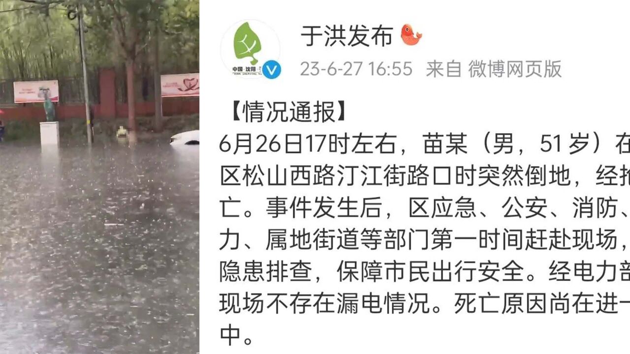 官方通报网传沈阳一男子大雨中触电身亡:现场不存在漏电情况,死亡原因核查中