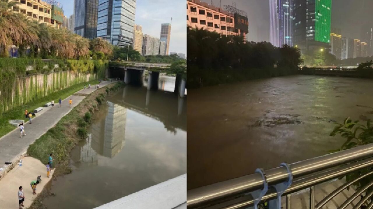 一组对比图看深圳暴雨有多大:龙岗河几小时淹成“海”,四项雨量记录破极值