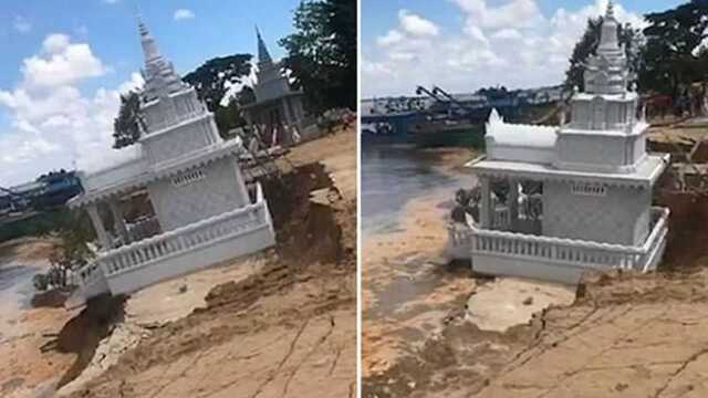 大雨致湄公河岸边一放骨灰佛塔被冲入水中