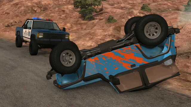 BeamNG:真实音效,警车开足马力追击越野车,拟真车祸模拟游戏