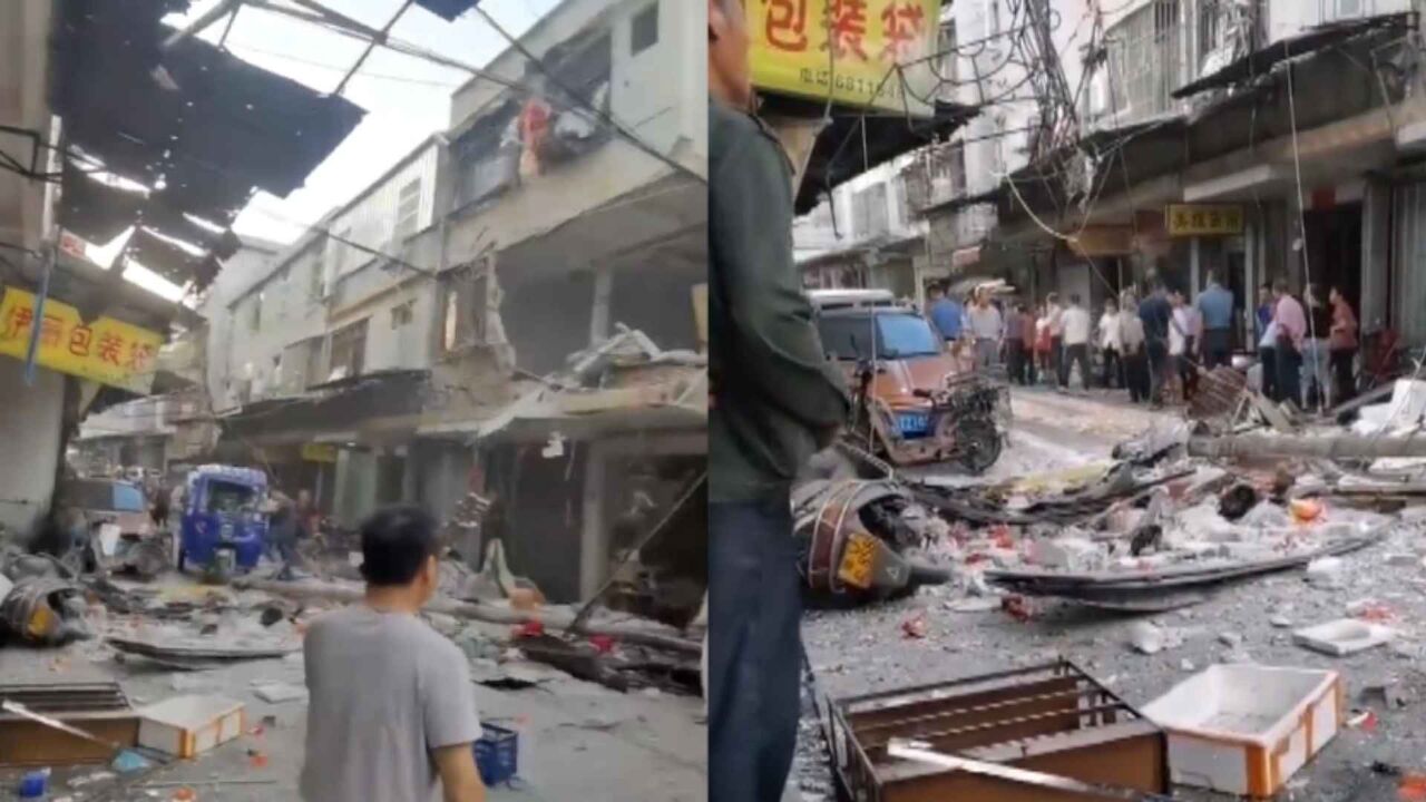 广东潮州一居民楼突发爆炸,房屋墙体受损严重,现场满地狼藉