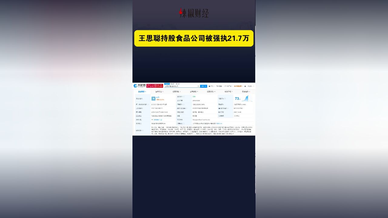 王思聪名下持股食品公司被强制执行21.7万