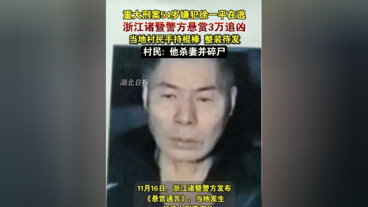 浙江诸暨警方悬赏3万缉拿54岁嫌犯徐一平,村民称其杀妻并碎尸