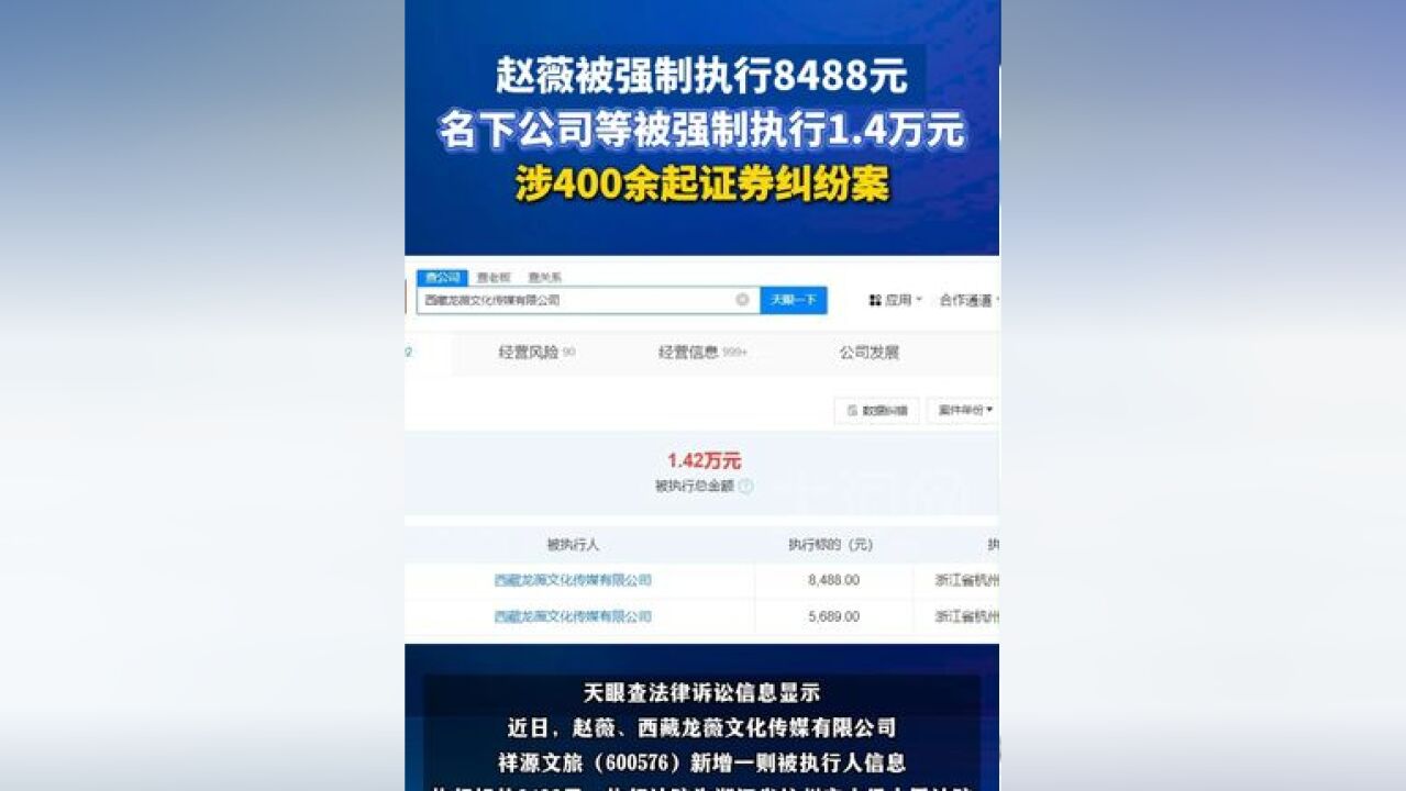 11月18日,天眼查法律诉讼信息显示,赵薇被强制执行8488元,名下公司被强制执行1.4万.