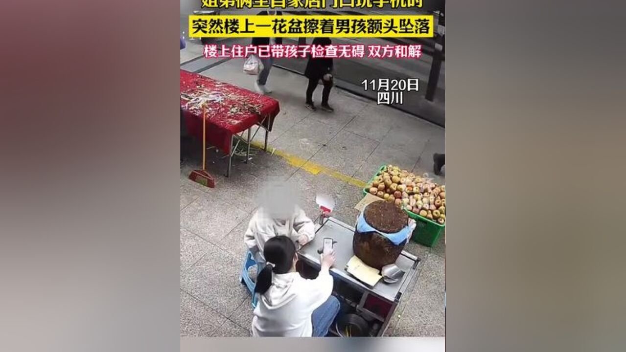 姐弟俩坐自家店门口玩手机时突然楼上一花盆擦着男孩额头坠落 楼上住户已带孩子检查无碍 双方和解