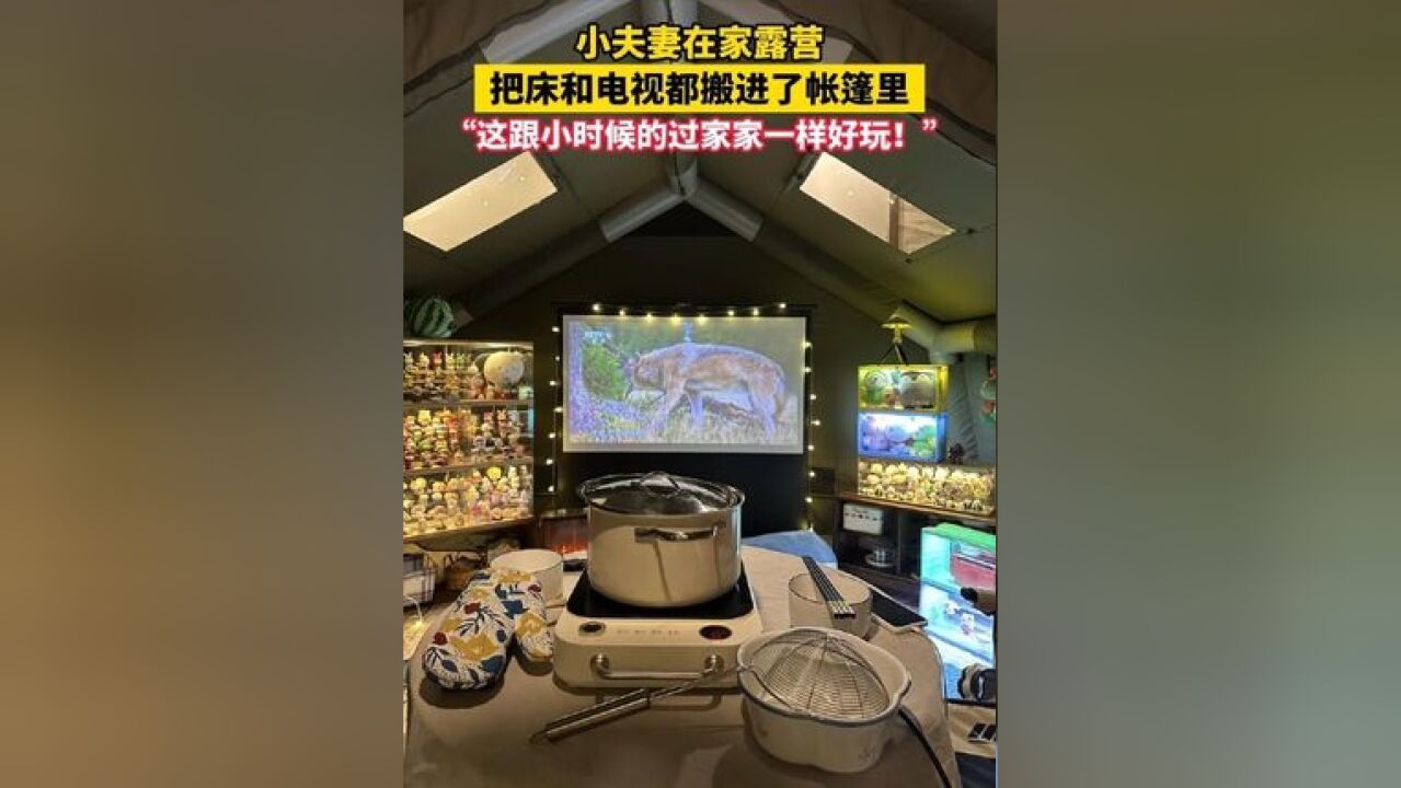 小夫妻在家露营,把床和电视都搬进了帐篷里,“这跟小时候的过家家一样好玩!”