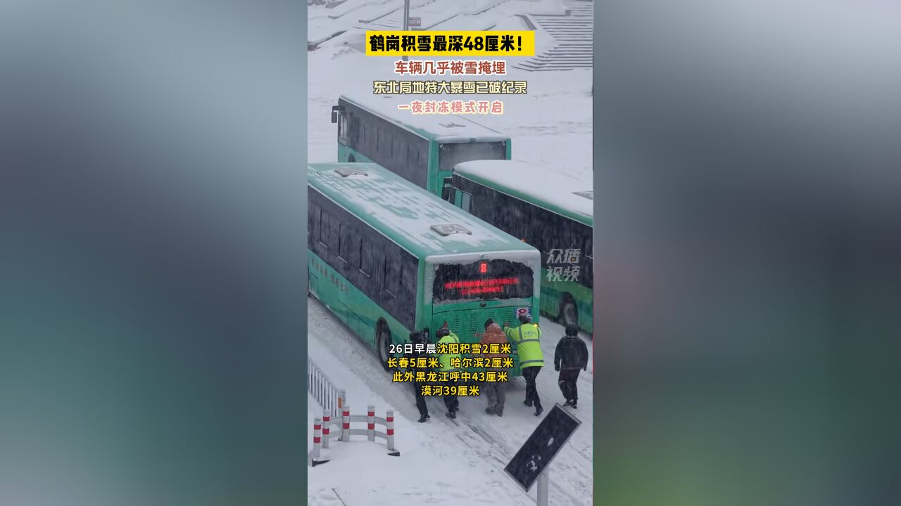 鹤岗积雪最深48厘米!车辆几乎被雪掩埋 东北局地特大暴雪已破纪录 一夜封冻模式开启