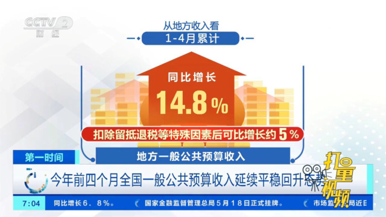 今年前四个月全国一般公共预算收入延续平稳回升态势