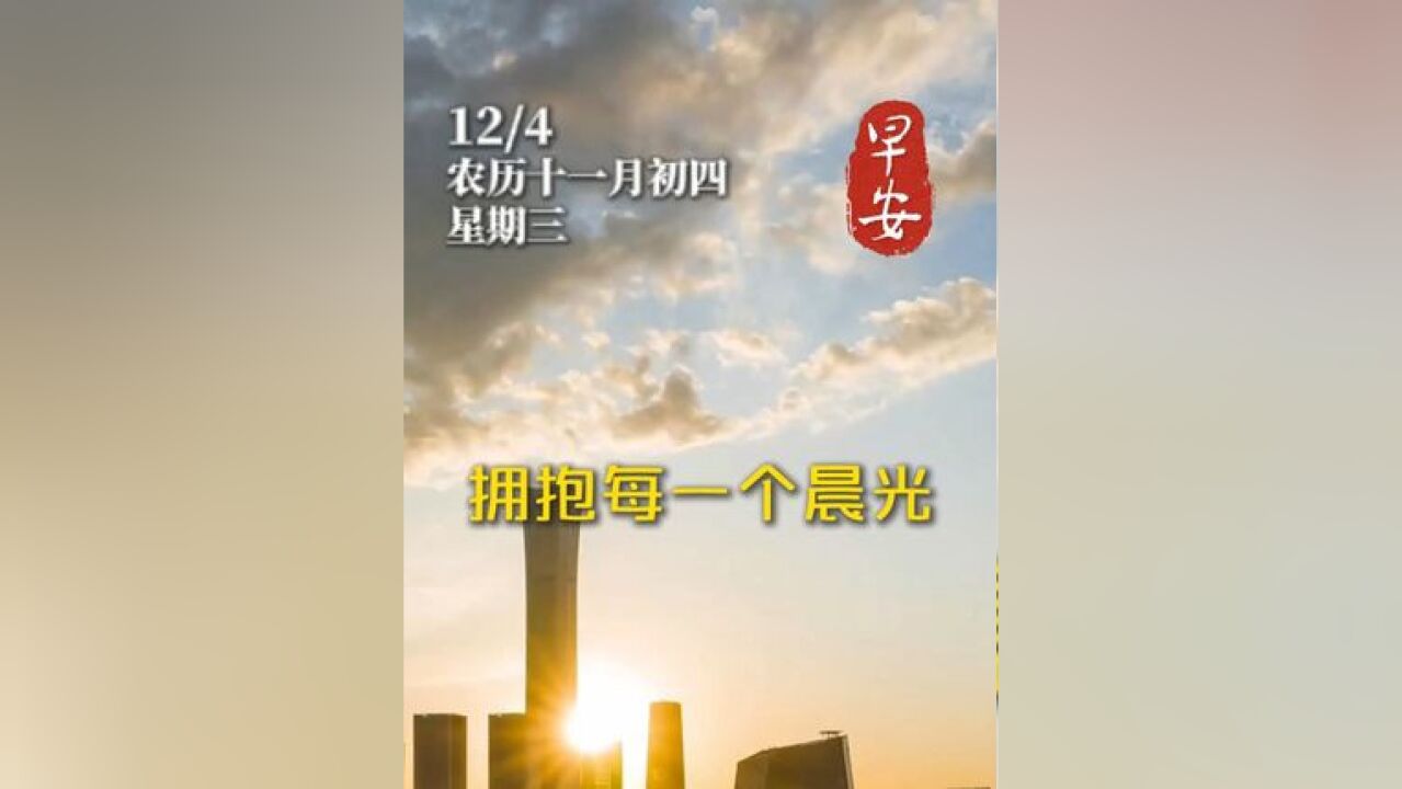 今天是12月4日星期三,早安!拥抱每一个晨光,就是拥抱生活的无限可能;珍惜每一份遇见,自会绘出人生的斑斓画卷.#早安 #问候