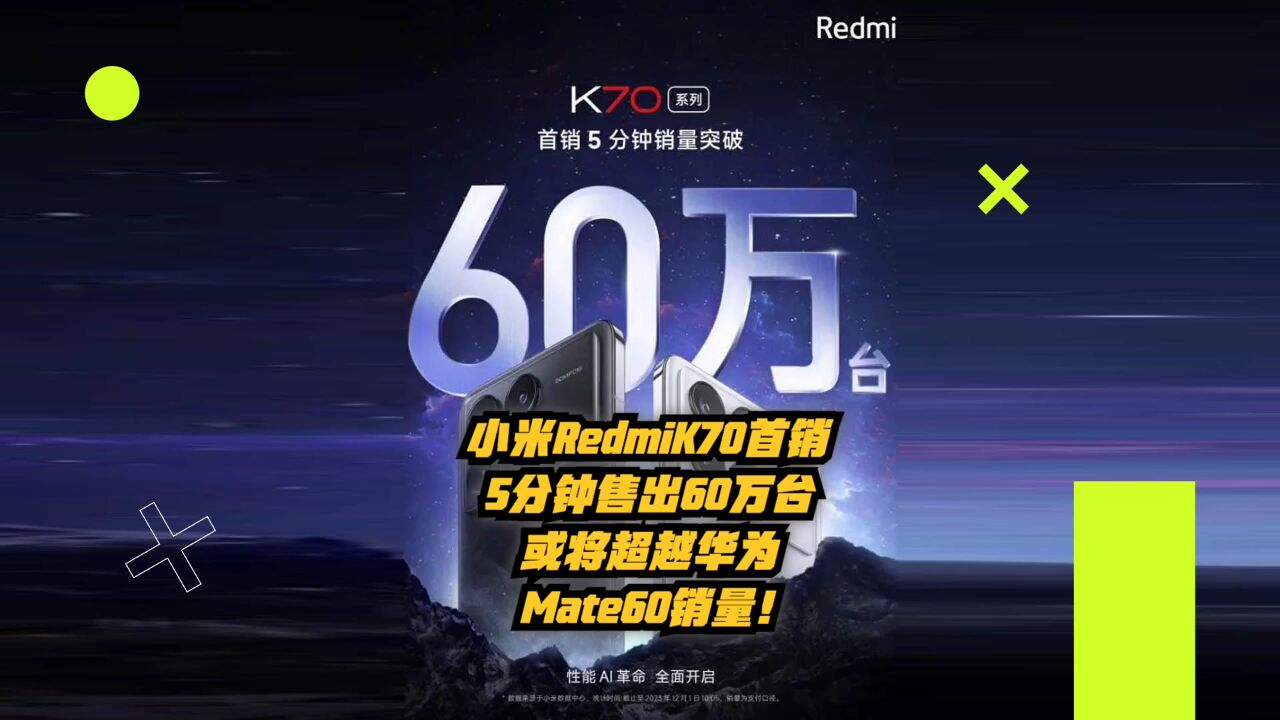 小米RedmiK70系列5分钟售出60万台,或将超越华为Mate60销量!