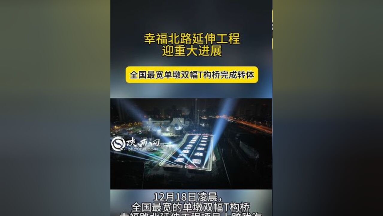 全国最宽的单墩双幅T构桥——幸福路北延伸工程项目上跨陇海上行线立交桥于12月18日转体成功,为打通西安快速路建设“咽喉要道”、项目主线通车奠定...