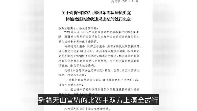 重罚!史亮禁赛3场罚款3万,锁喉裁判的教练禁赛6个月罚款10万