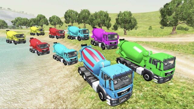 五彩厢式货车,MAN搅拌车和大巴车争先恐后开足马力相撞,BeamNG