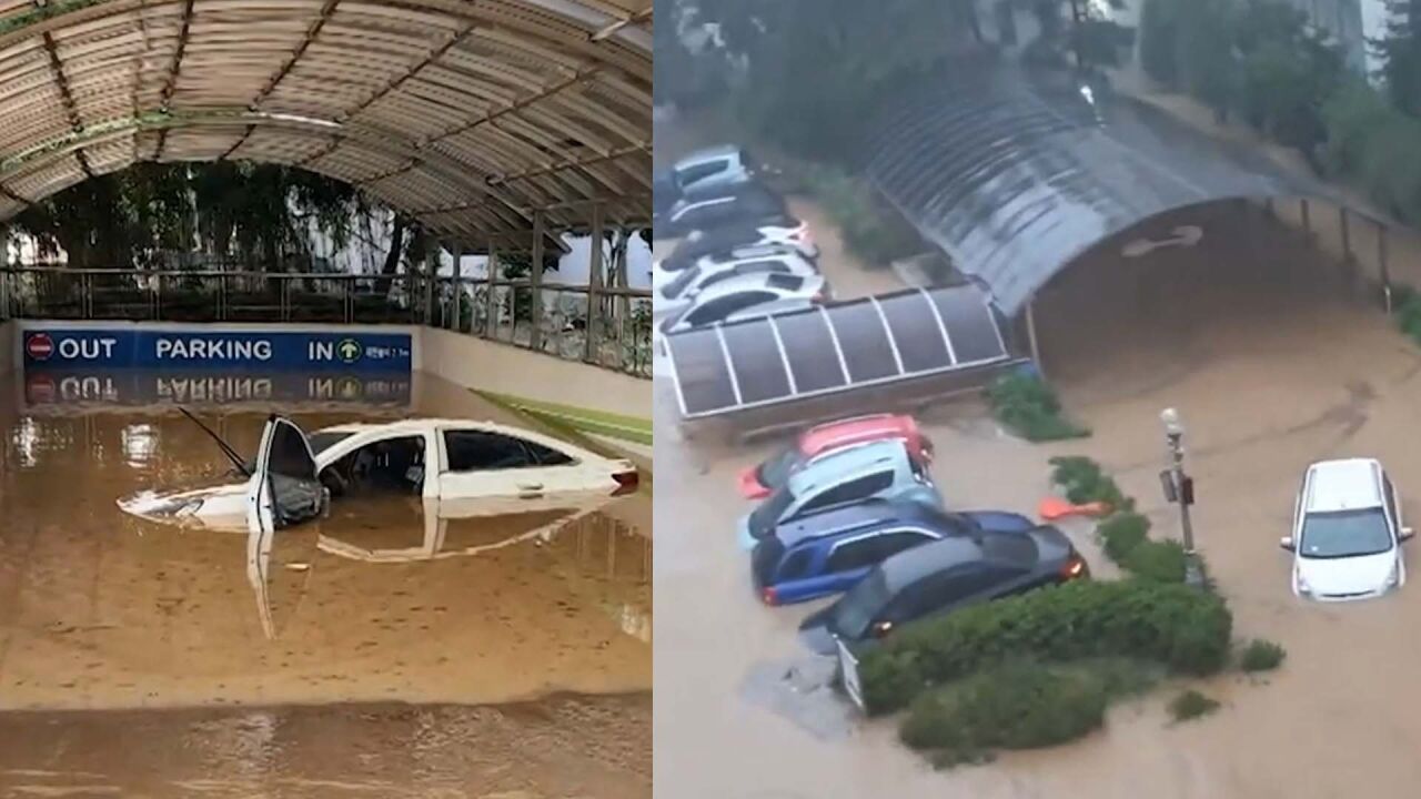 台风“轩岚诺”致韩国浦项市强降雨 多公寓地下车库被淹汽车水中漂