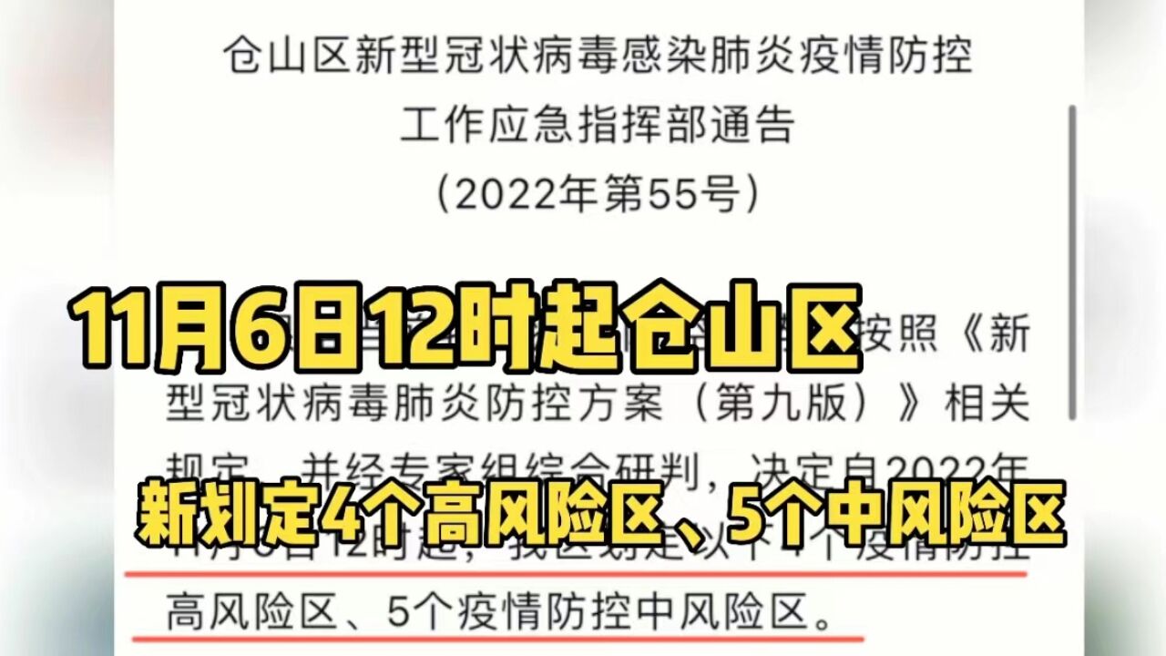 11月6日12时起,福州仓山新划定4个高风险区、5个中风险区