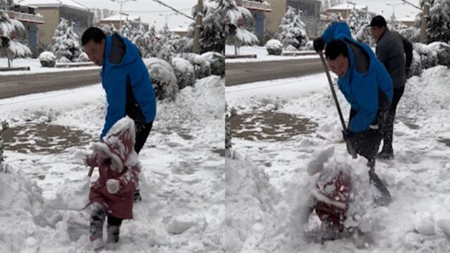 爸爸拿铁锹往萌娃身上铲雪,场面笑翻网友:满满的都是父爱