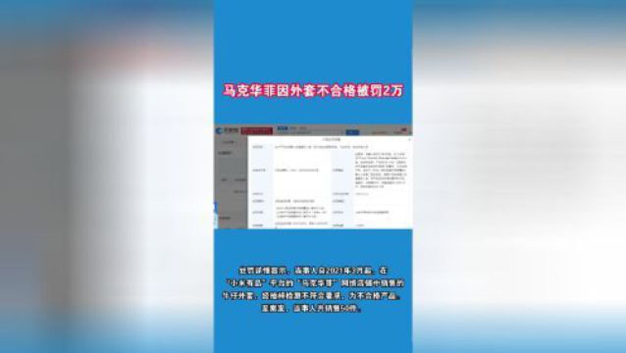 马克华菲因外套不合格被罚2万