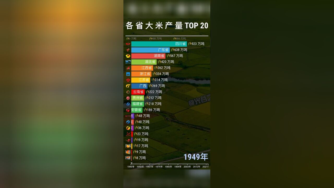 各省大米产量排行top 20