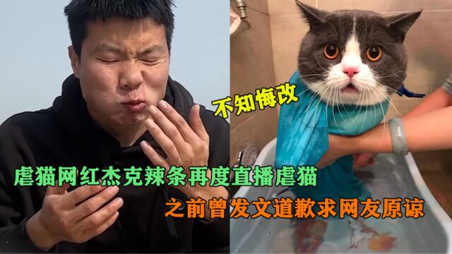 不知悔改!虐猫网红杰克辣条再度直播虐猫,之前曾发文道歉求原谅