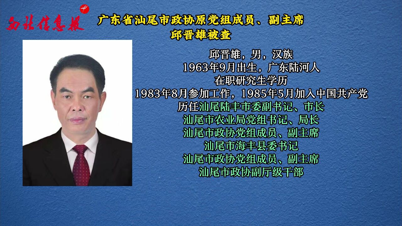 广东省汕尾市政协原党组成员、副主席邱晋雄被查