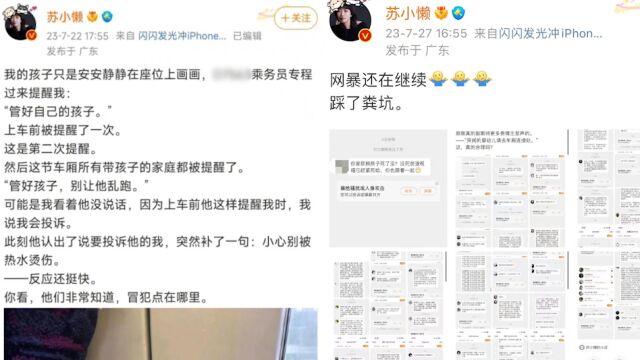 作家苏小懒称遭持续网暴被骂“太子妈”,此前因两次被提醒“管好孩子”向12306投诉引关注