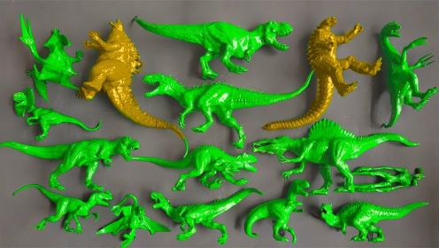 哥斯拉落入恐龙的包围，发出金色的光，瞬间恐龙都变成了绿色